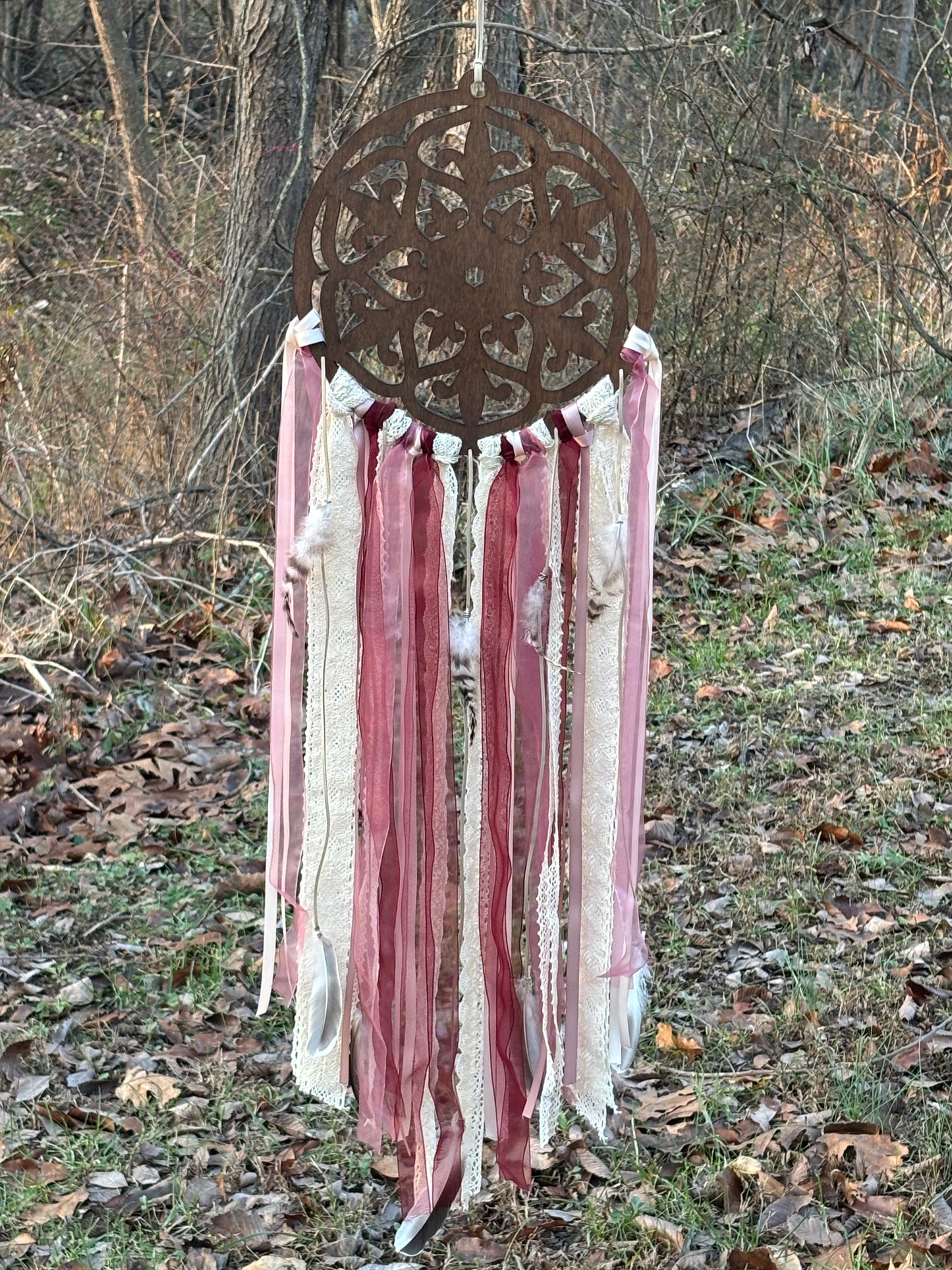 Wooden Dreamcatcher with Delicate Lace and Flowing Ribbons