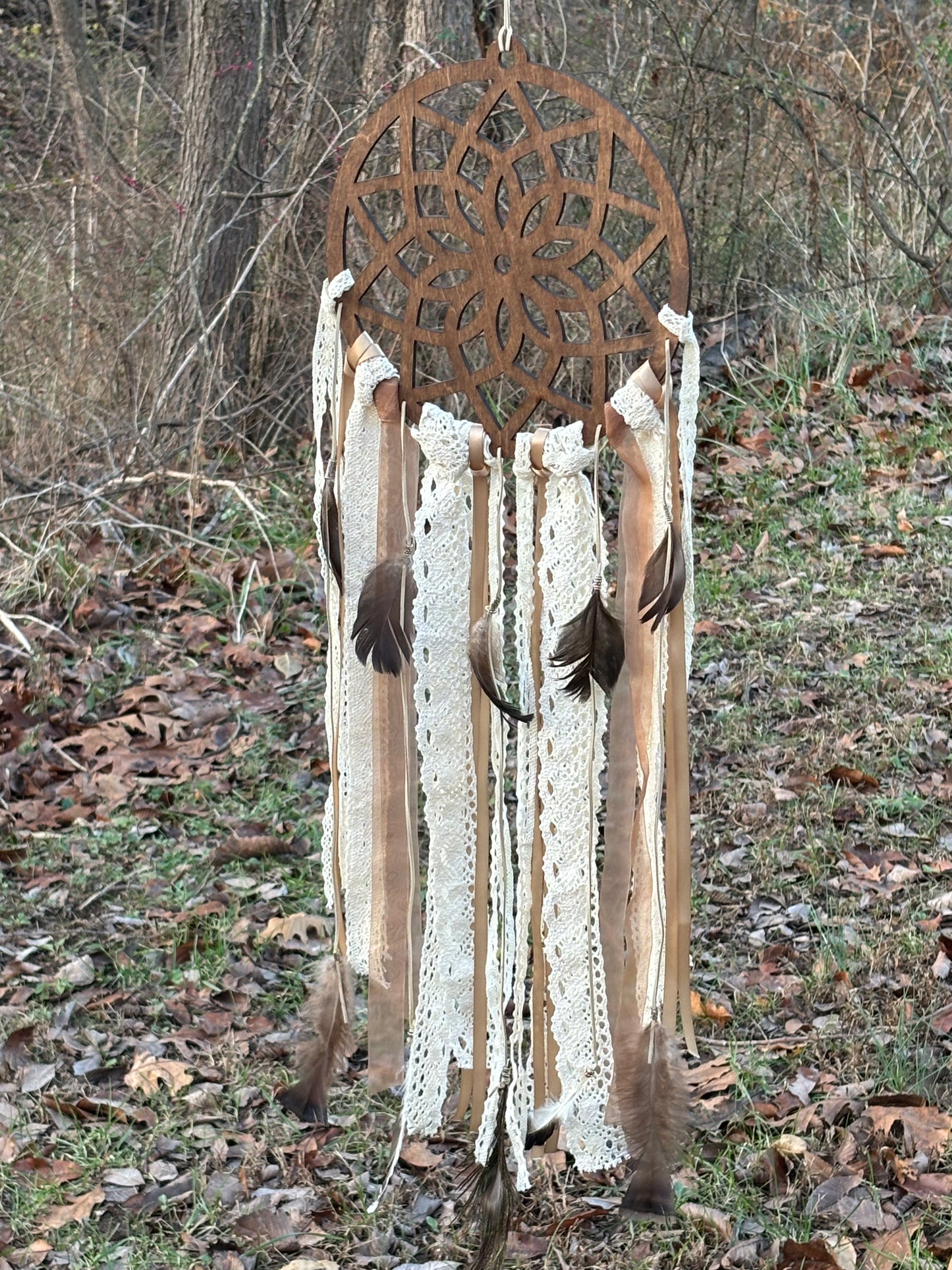 Wooden Dreamcatcher with Delicate Lace and Flowing Ribbons