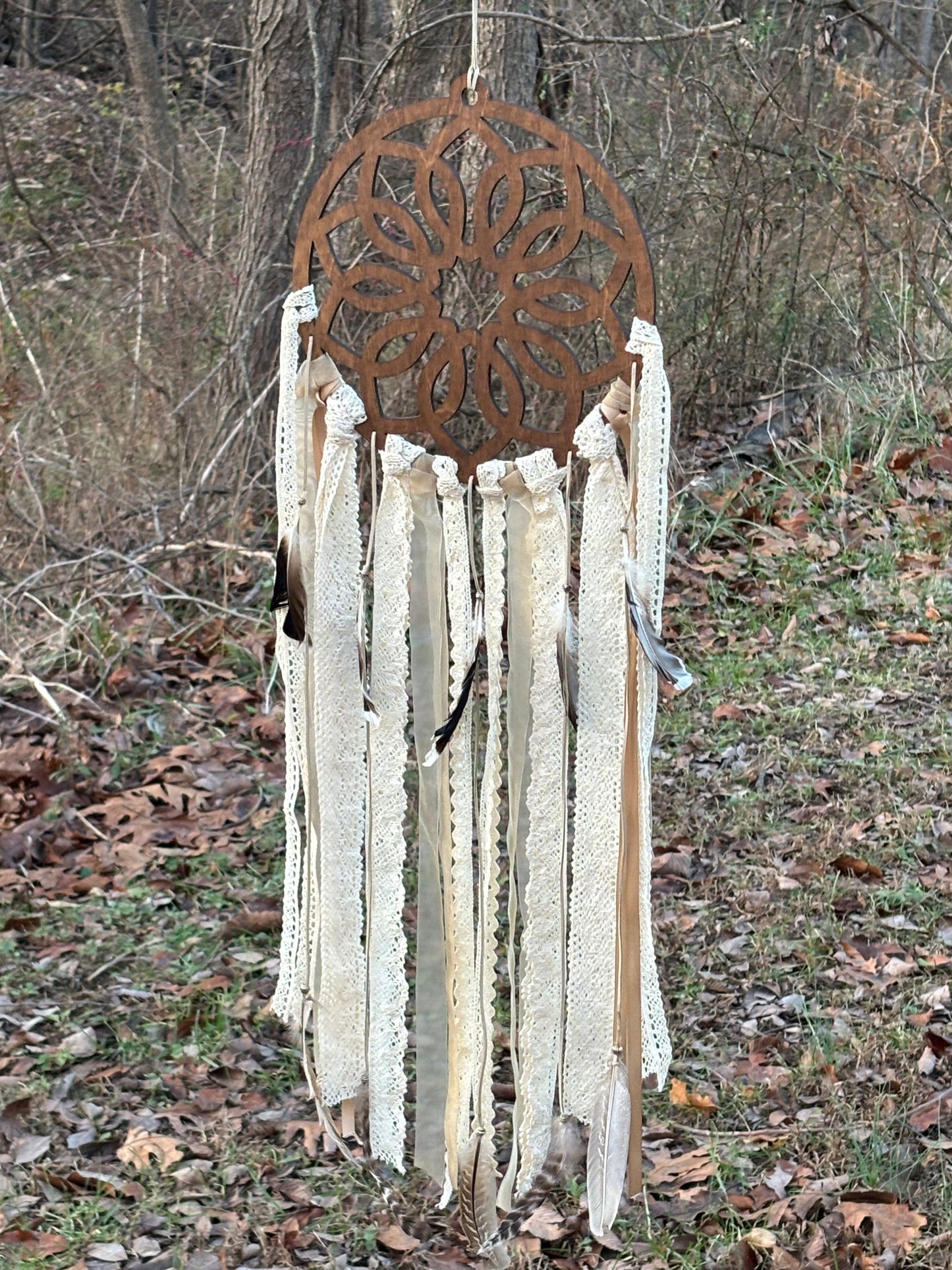 Wooden Dreamcatcher with Delicate Lace and Flowing Ribbons