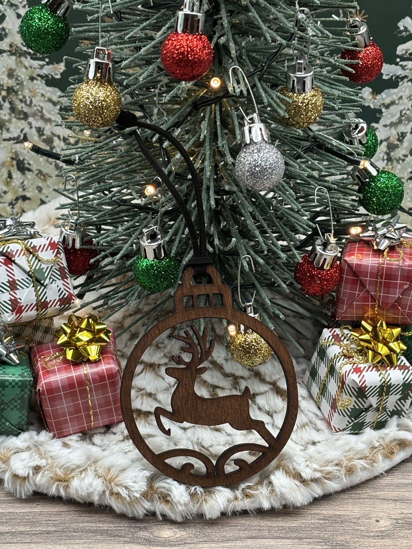 Solid Oak Prancing Deer Ornament