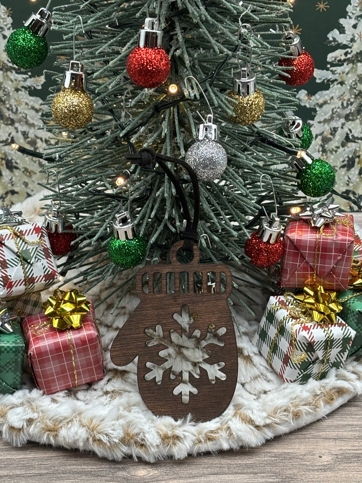 Solid Oak Snow Mitten with Snowflake Ornament