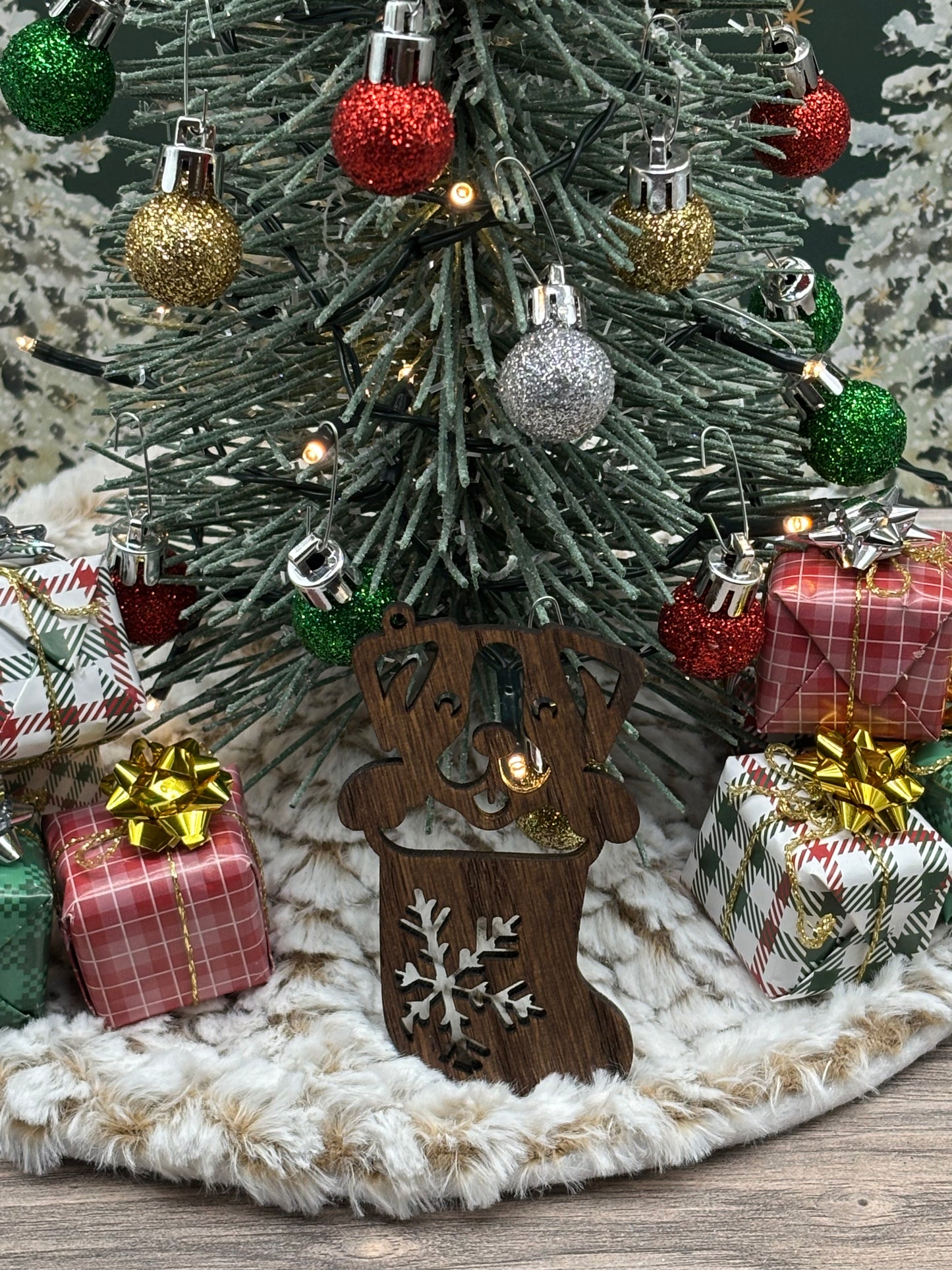 Solid Oak Puppy in a Stocking Ornament