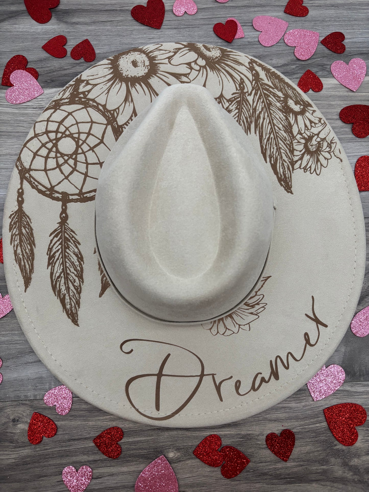 Laser Engraved Dreamcatcher Faux Suede Hat | Boho Floral Feather Western Hat