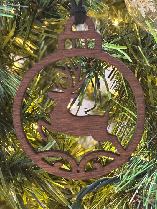 Solid Oak Prancing Deer Ornament