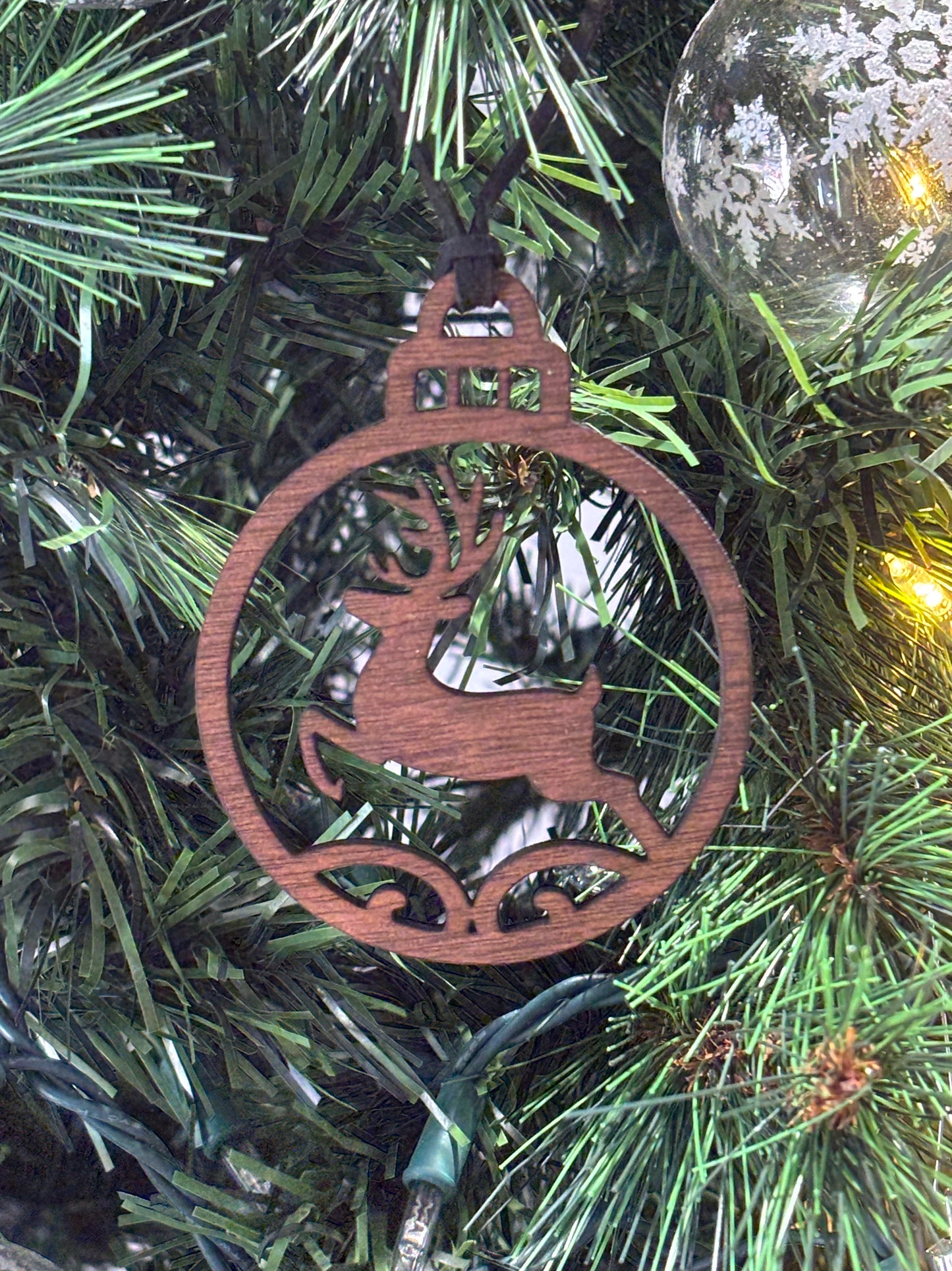 Solid Oak Prancing Deer Ornament