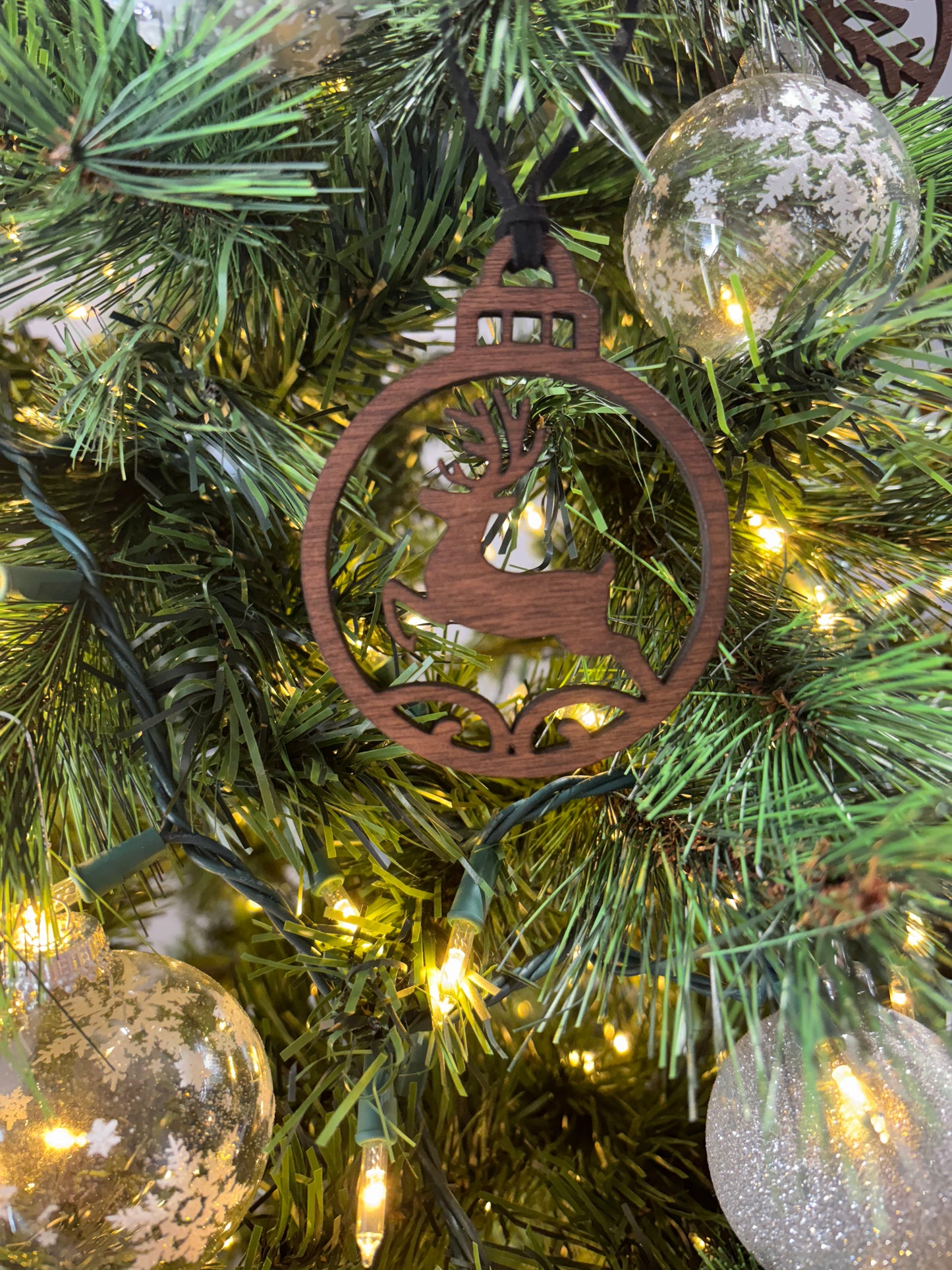 Solid Oak Prancing Deer Ornament