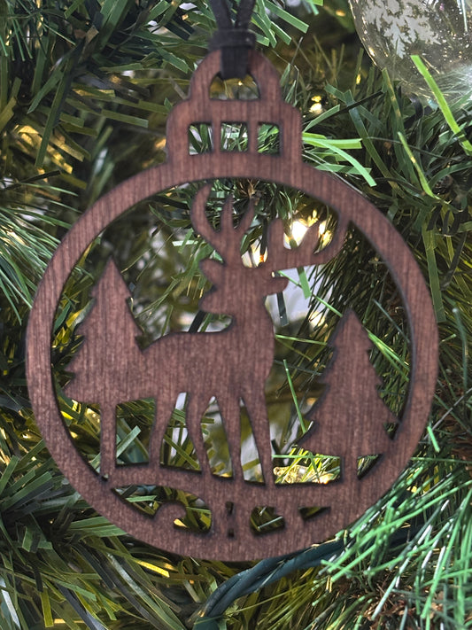 Solid Oak Deer in Forest Scene Ornament