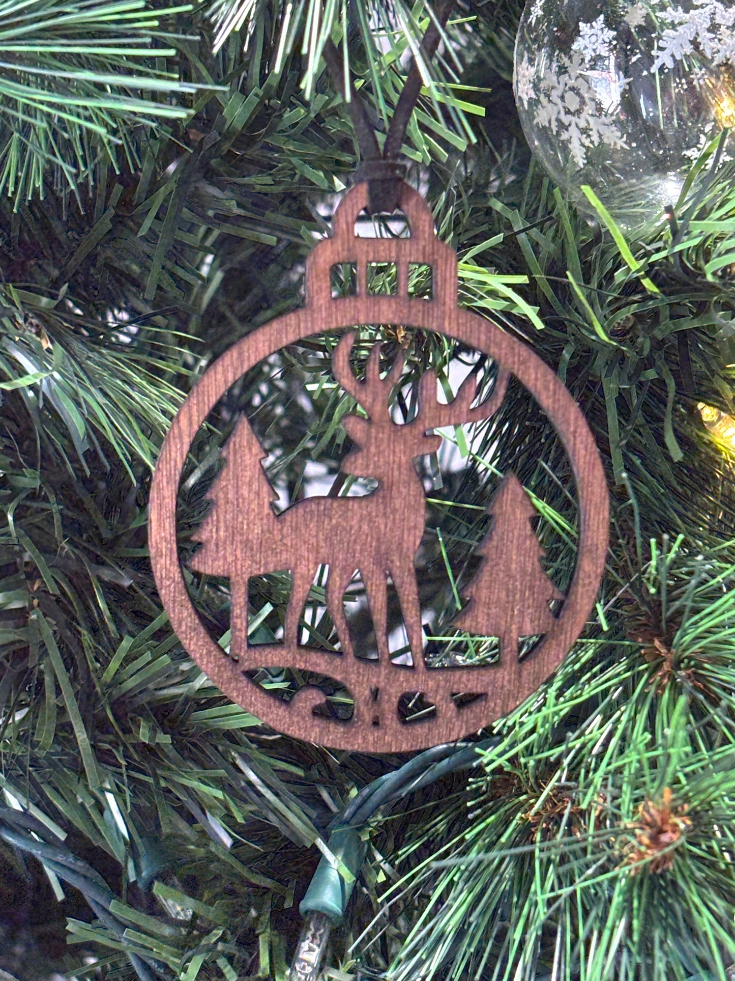 Solid Oak Deer in Forest Scene Ornament