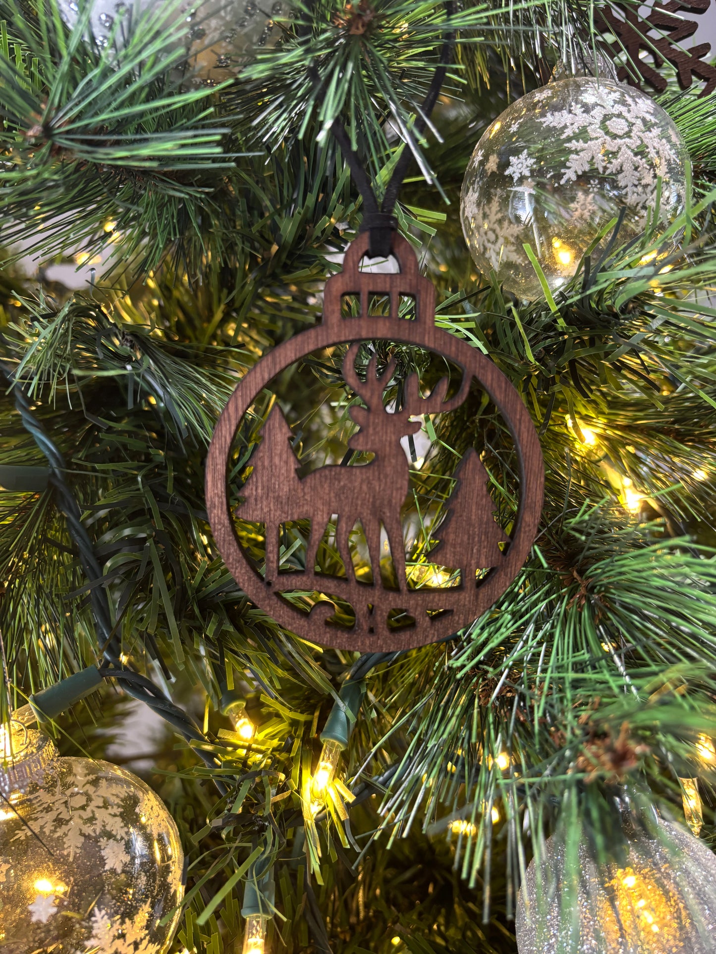 Solid Oak Deer in Forest Scene Ornament