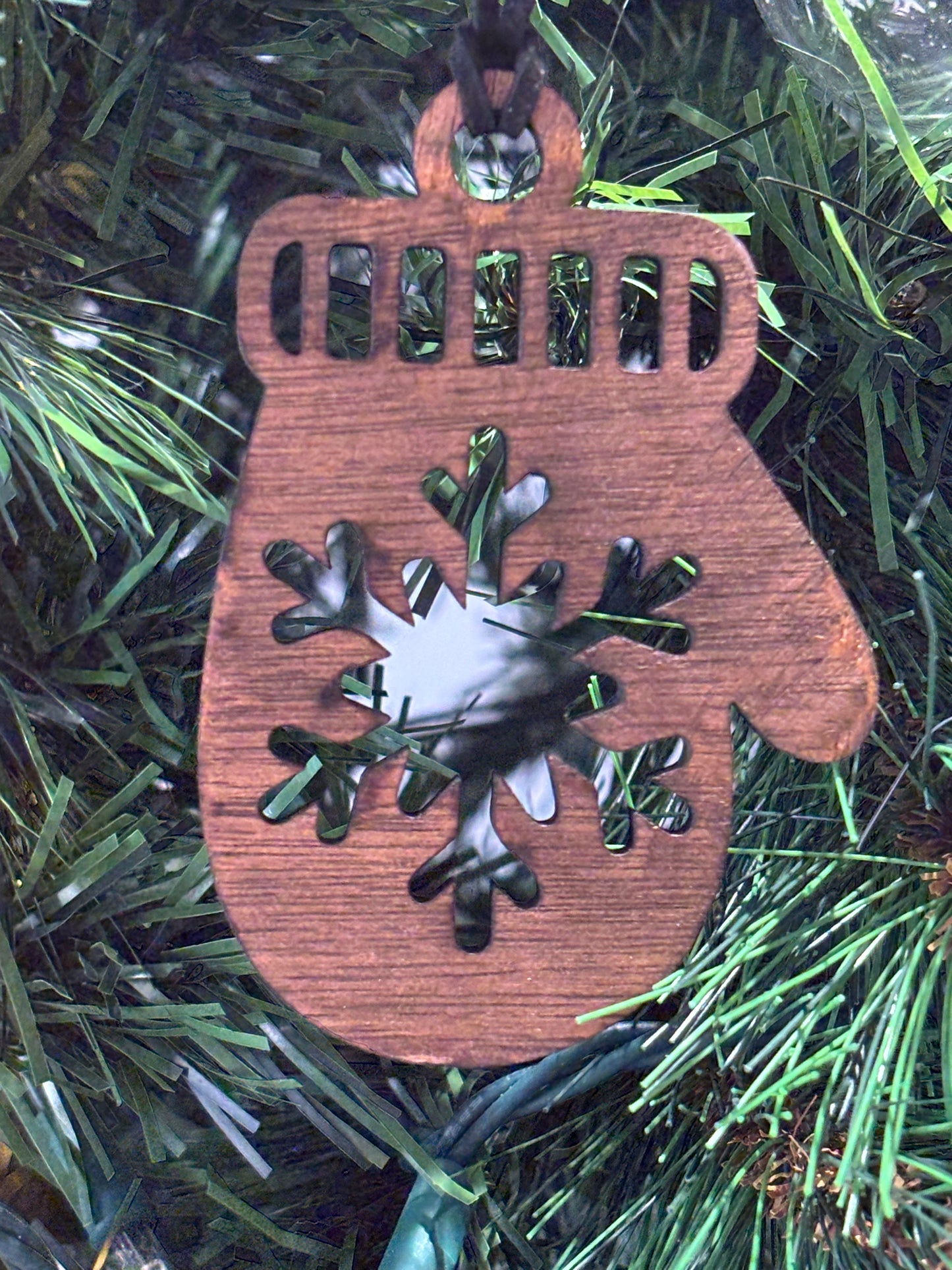 Solid Oak Snow Mitten with Snowflake Ornament