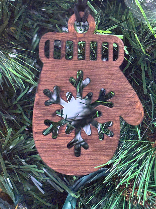 Solid Oak Snow Mitten with Snowflake Ornament
