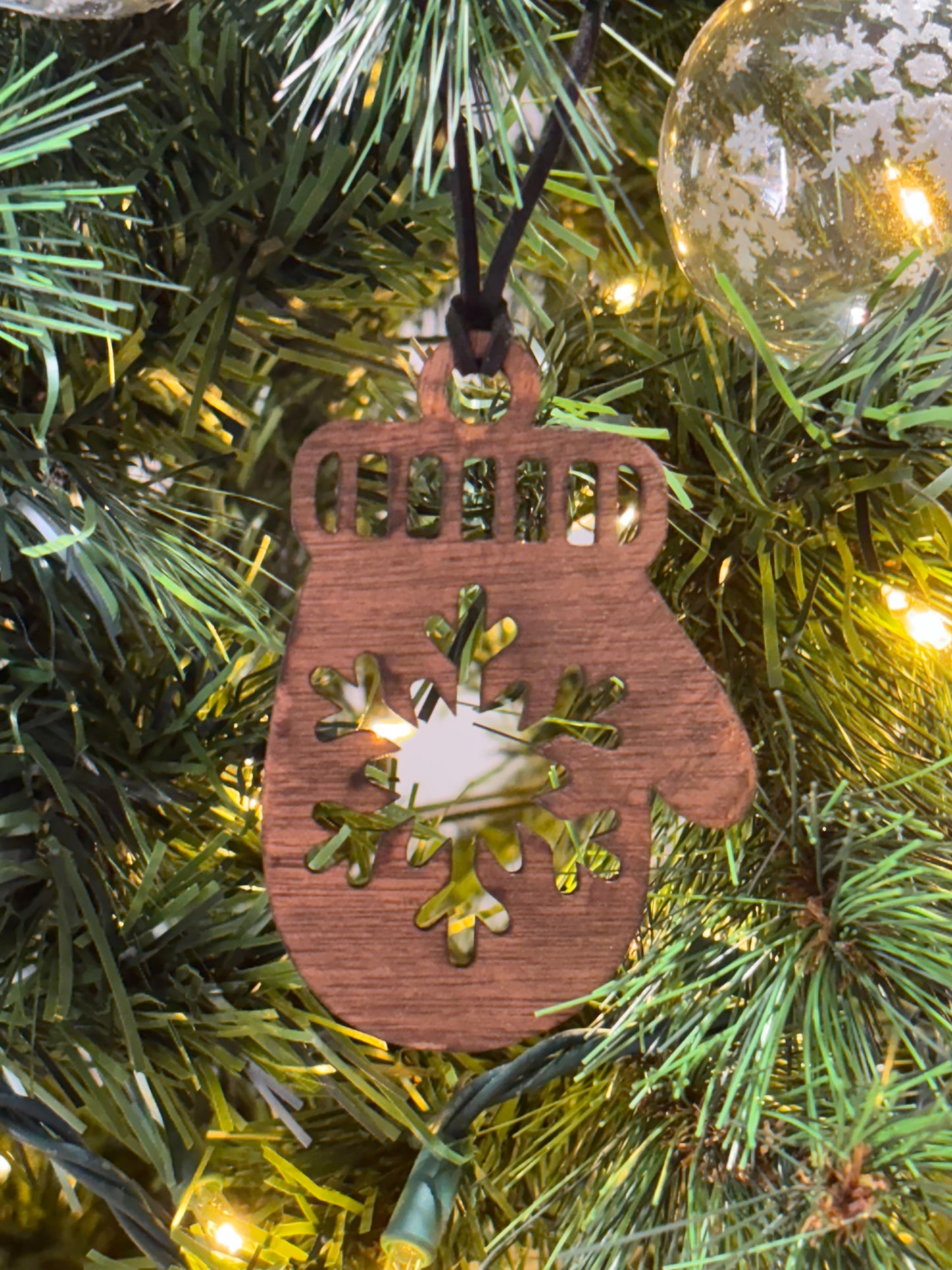 Solid Oak Snow Mitten with Snowflake Ornament