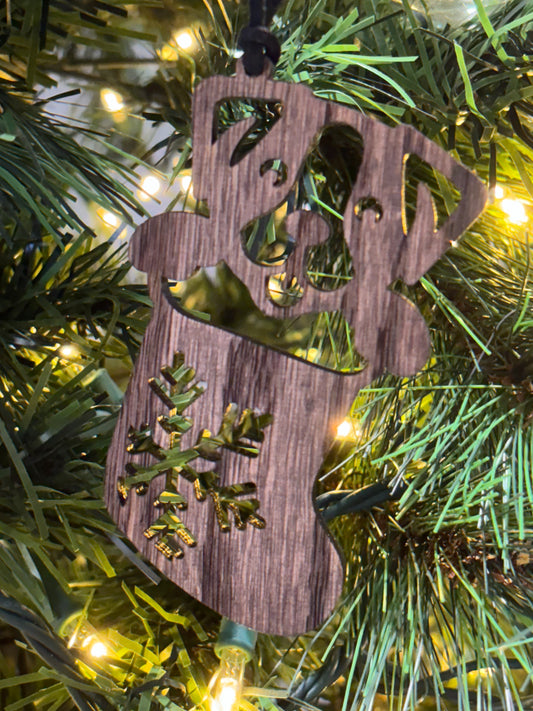 Solid Oak Puppy in a Stocking Ornament