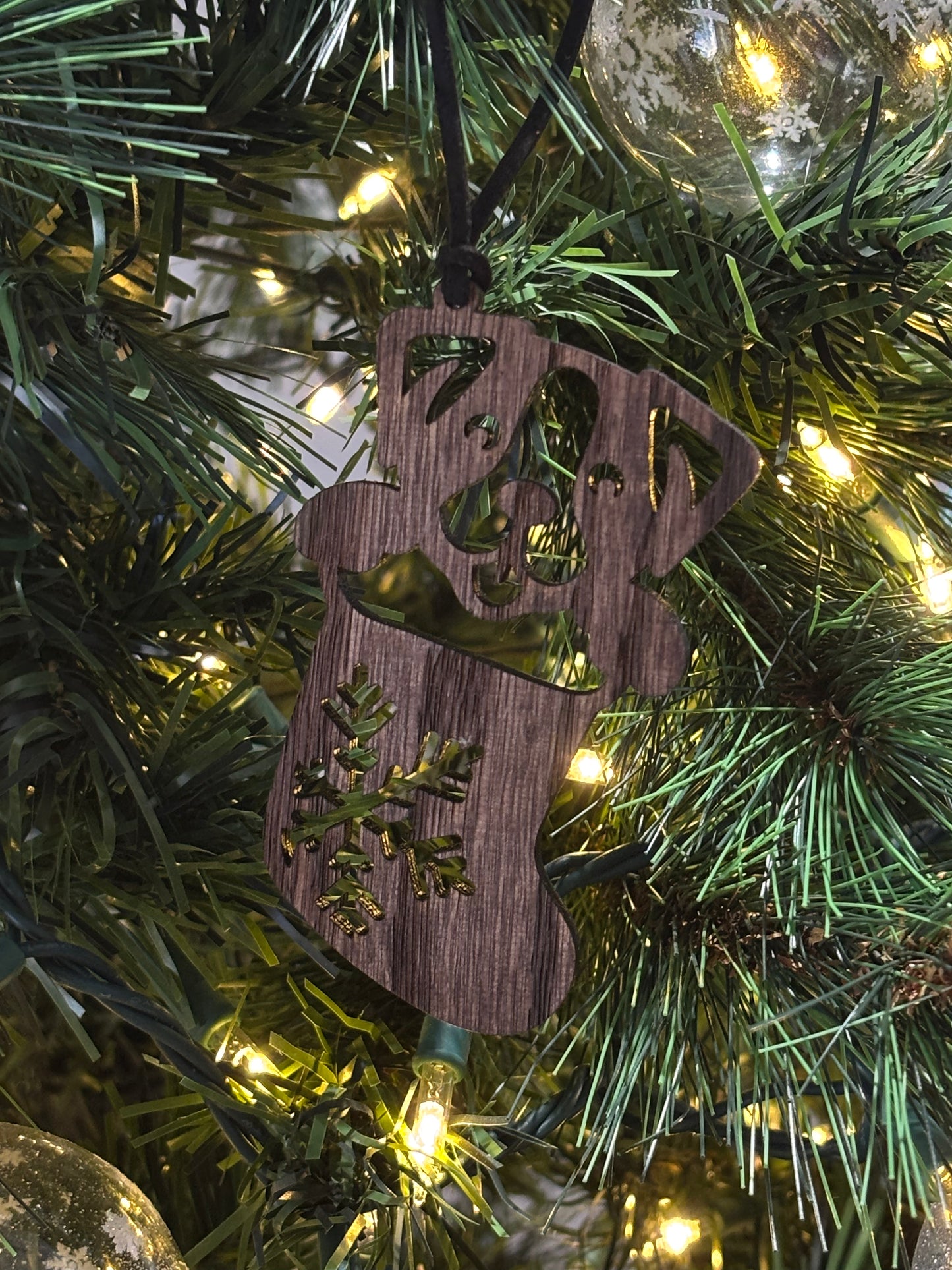 Solid Oak Puppy in a Stocking Ornament