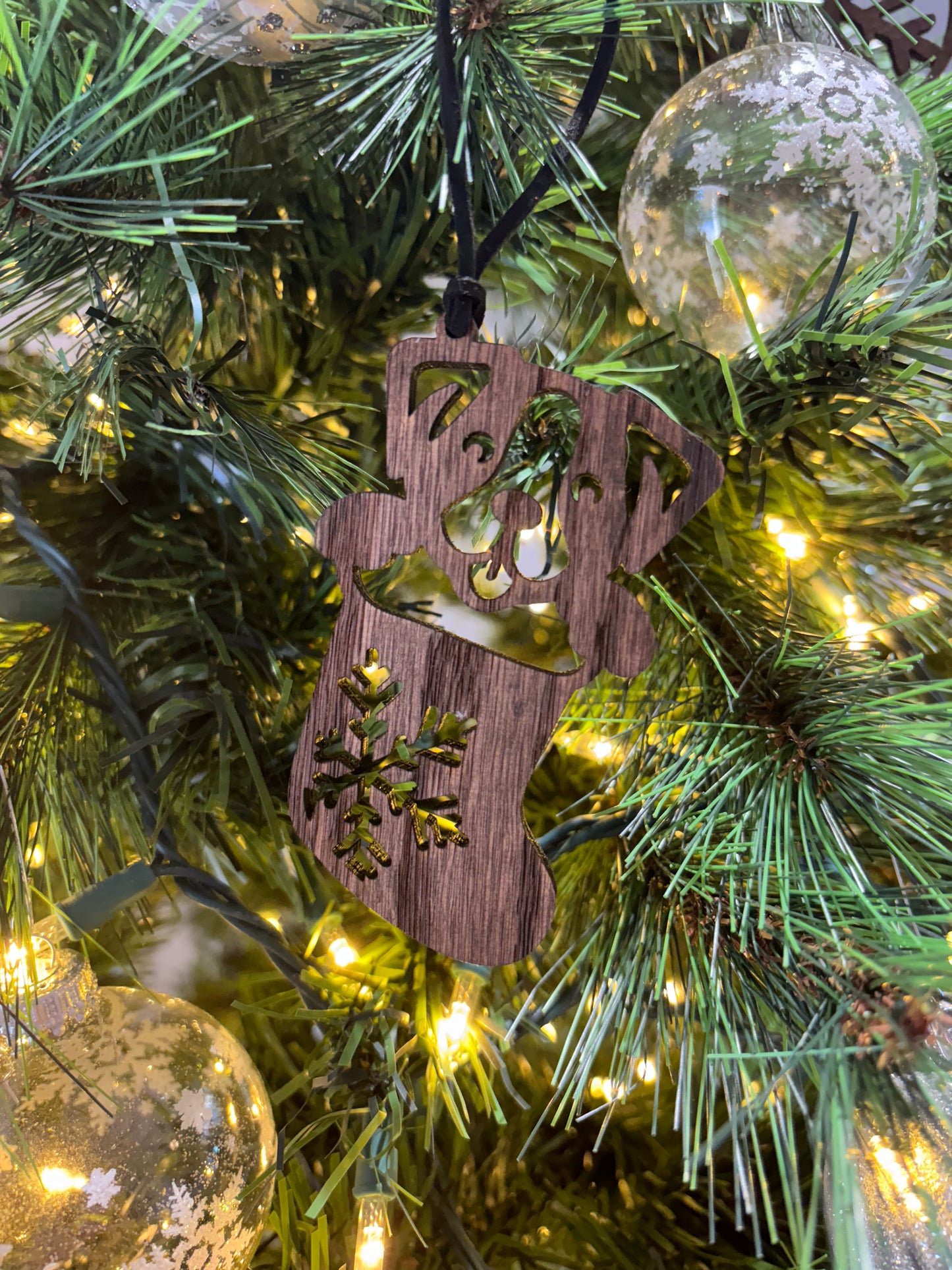 Solid Oak Puppy in a Stocking Ornament