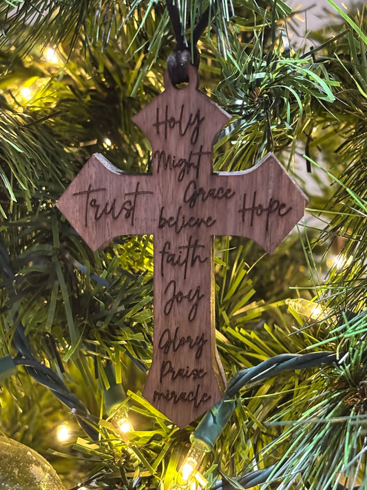 Solid Oak Elegant Engraved Cross Ornament