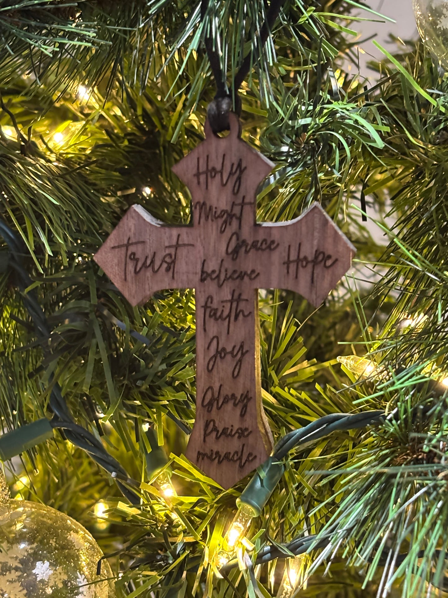 Solid Oak Elegant Engraved Cross Ornament