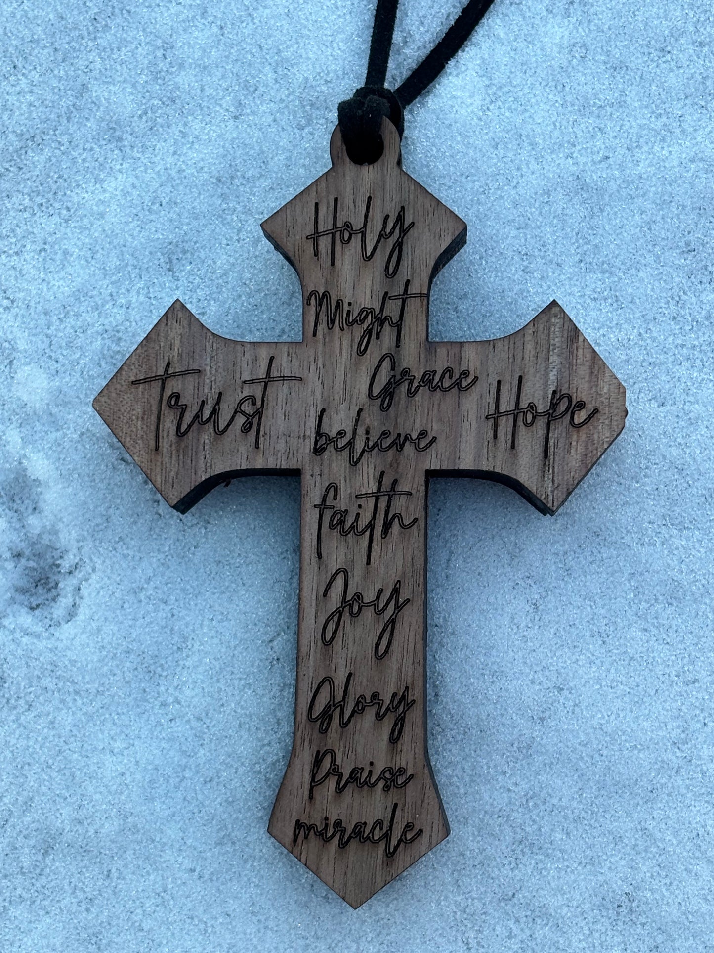 Solid Oak Elegant Engraved Cross Ornament