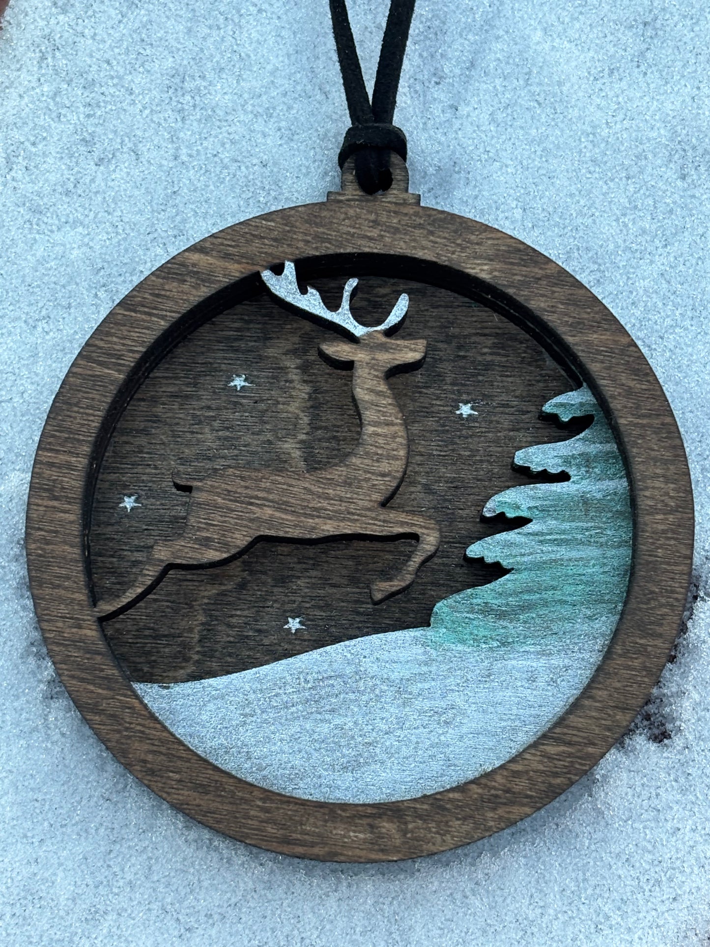 3D Layered Ornament Featuring Leaping Deer in Snow