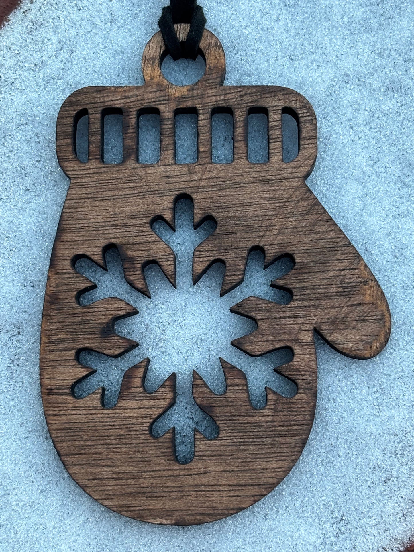 Solid Oak Snow Mitten with Snowflake Ornament
