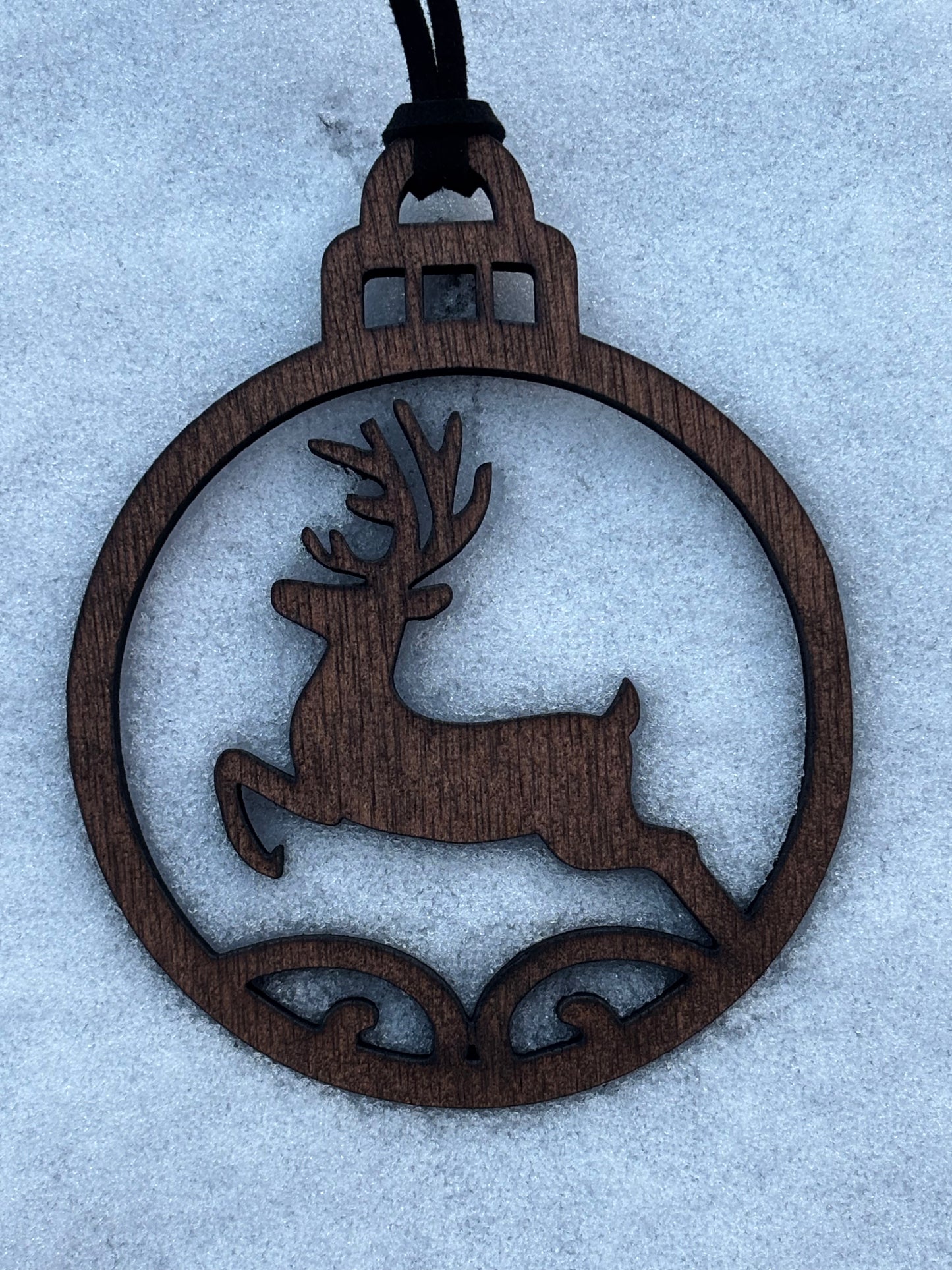 Solid Oak Prancing Deer Ornament