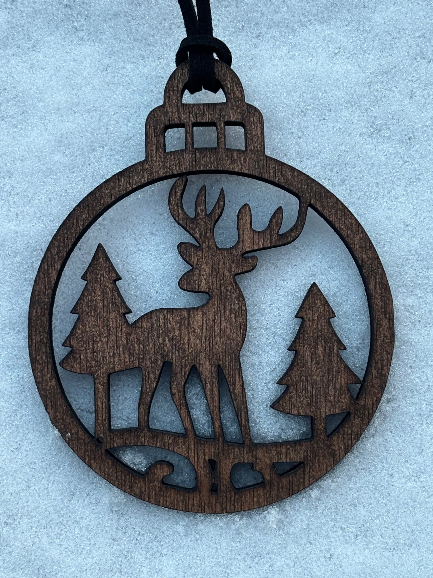 Solid Oak Deer in Forest Scene Ornament