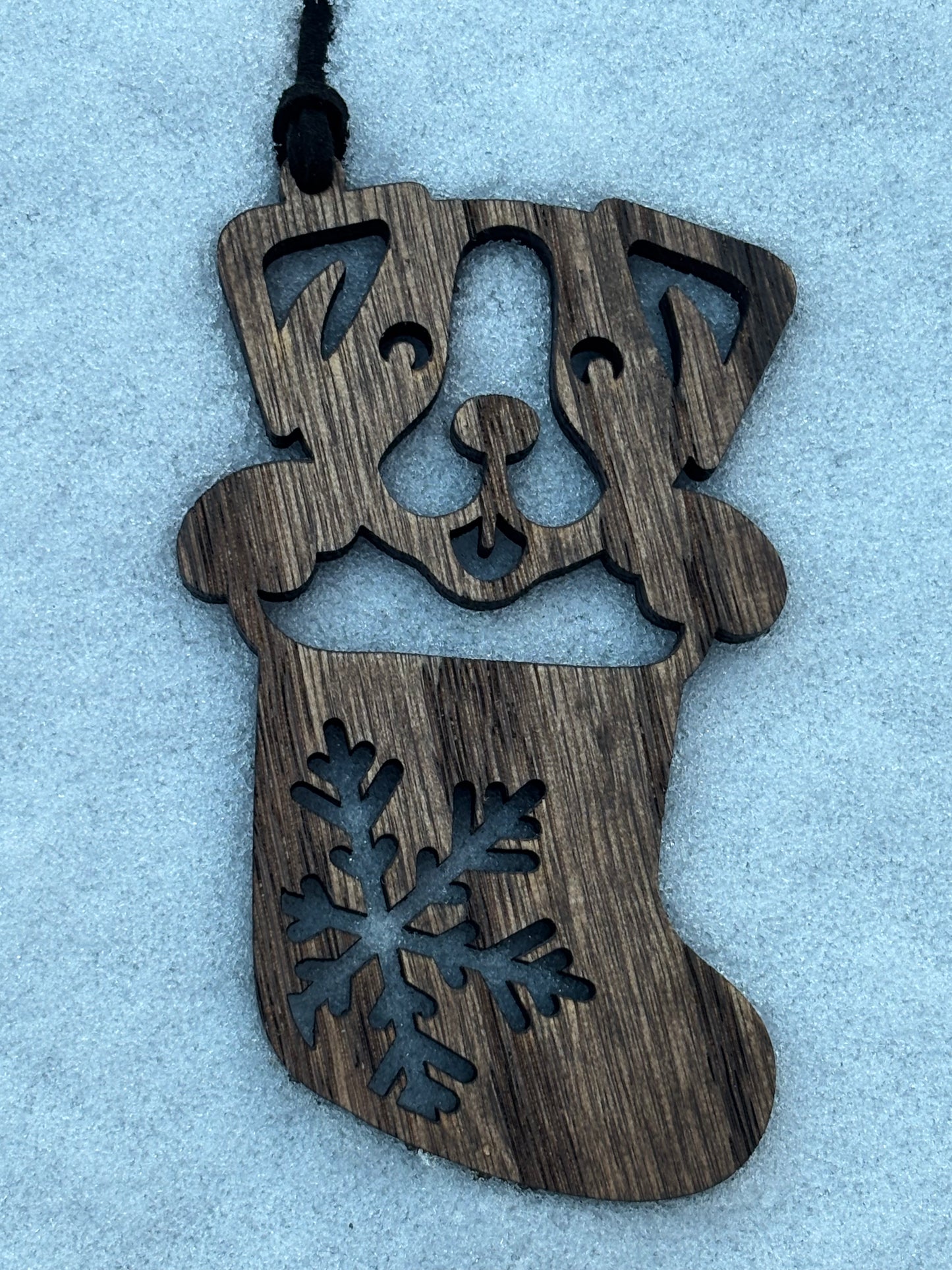 Solid Oak Puppy in a Stocking Ornament