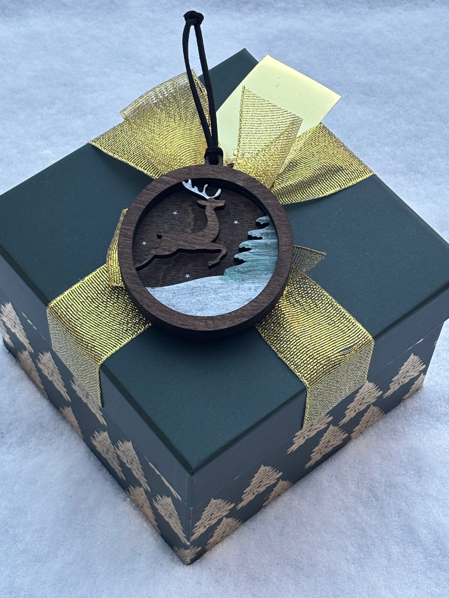 3D Layered Ornament Featuring Leaping Deer in Snow