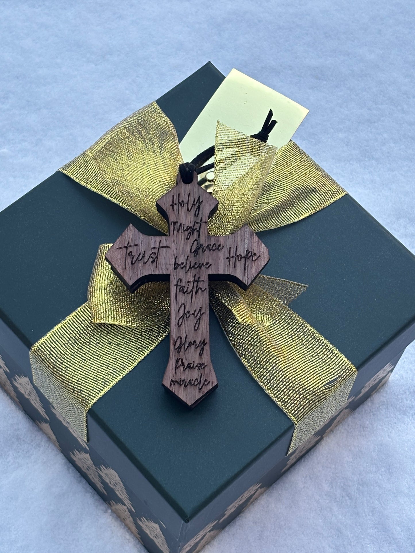 Solid Oak Elegant Engraved Cross Ornament