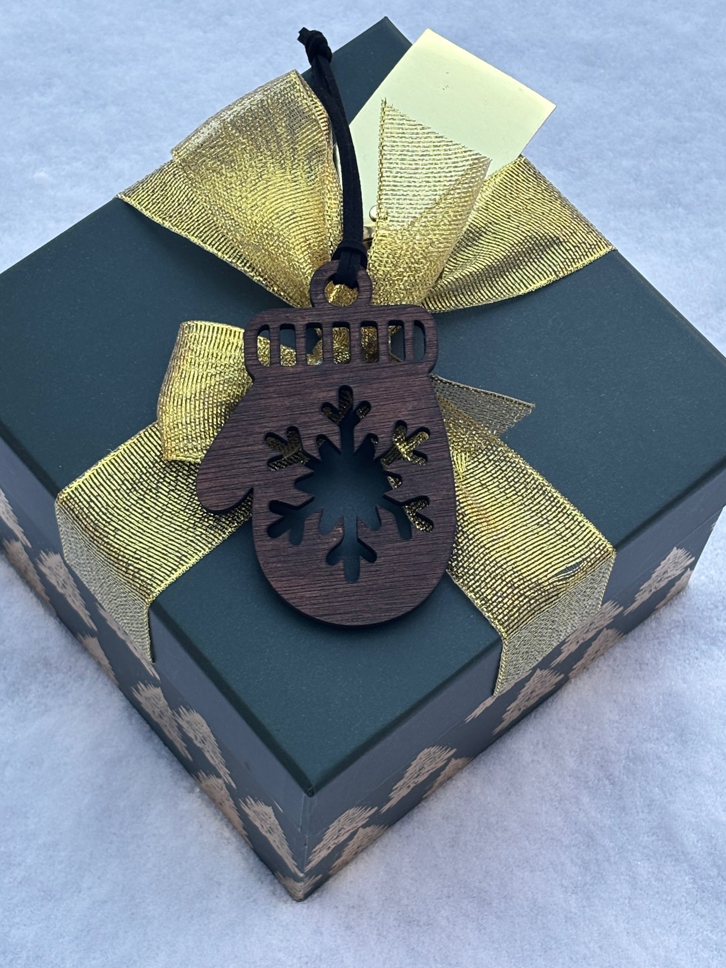 Solid Oak Snow Mitten with Snowflake Ornament