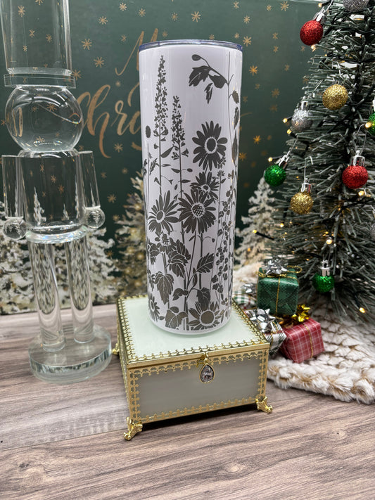 20oz Skinny Engraved Tumbler with Floral Engraved Scene