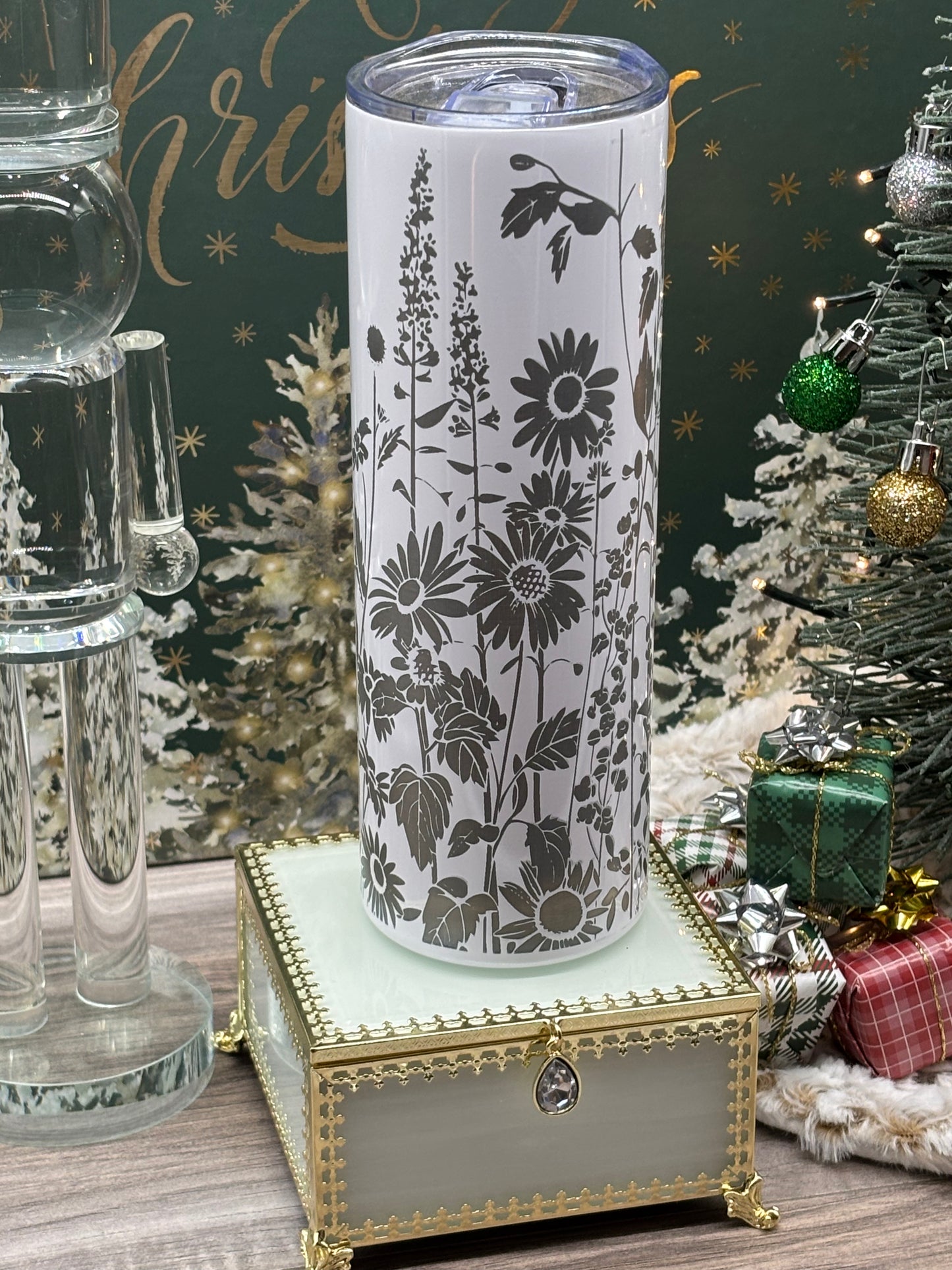 20oz Skinny Engraved Tumbler with Floral Engraved Scene