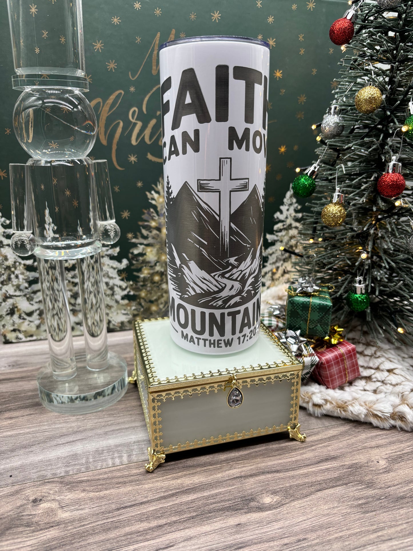20oz Skinny Engraved Tumbler "Faith Can Move Mountains"