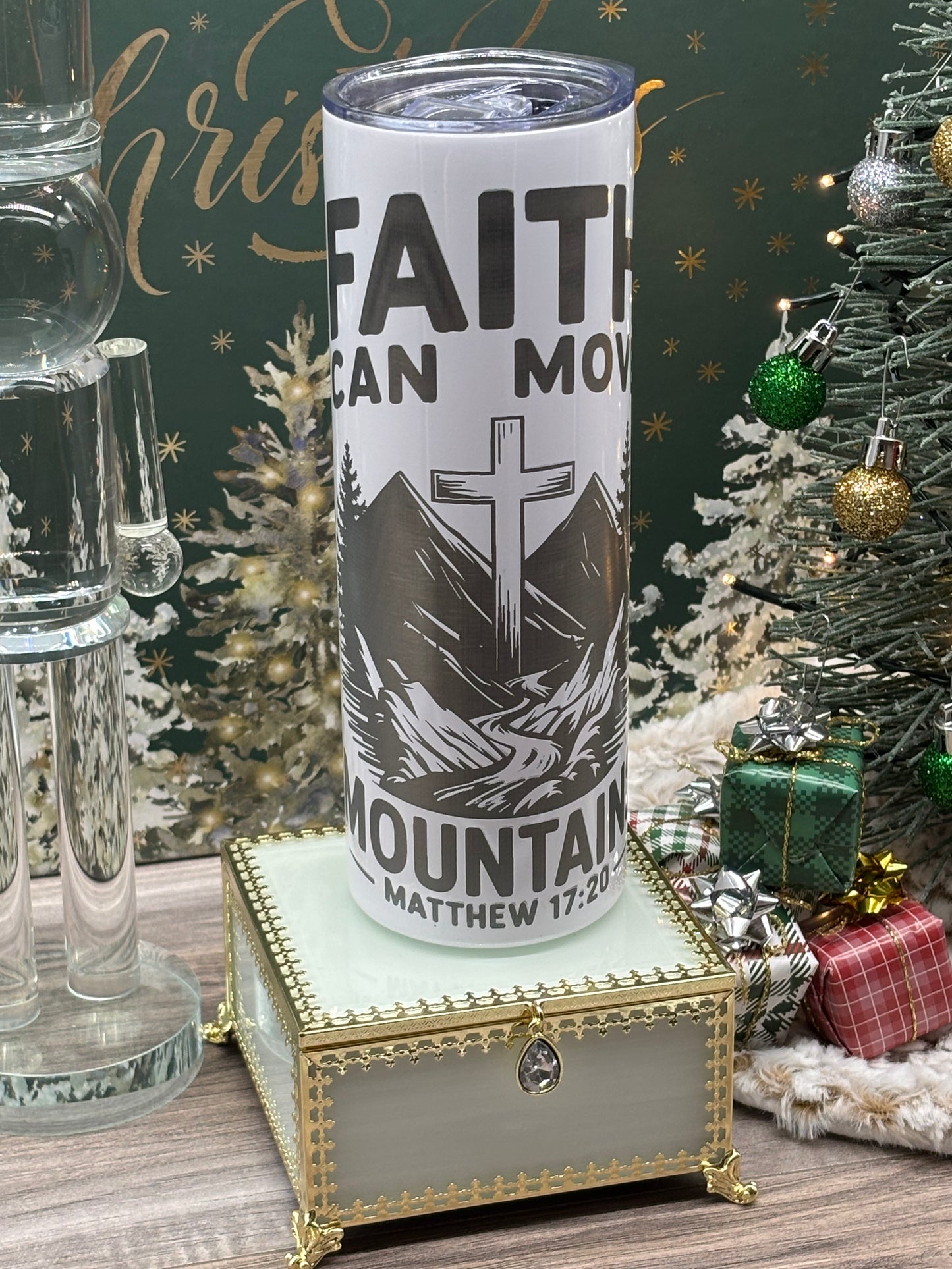 20oz Skinny Engraved Tumbler "Faith Can Move Mountains"