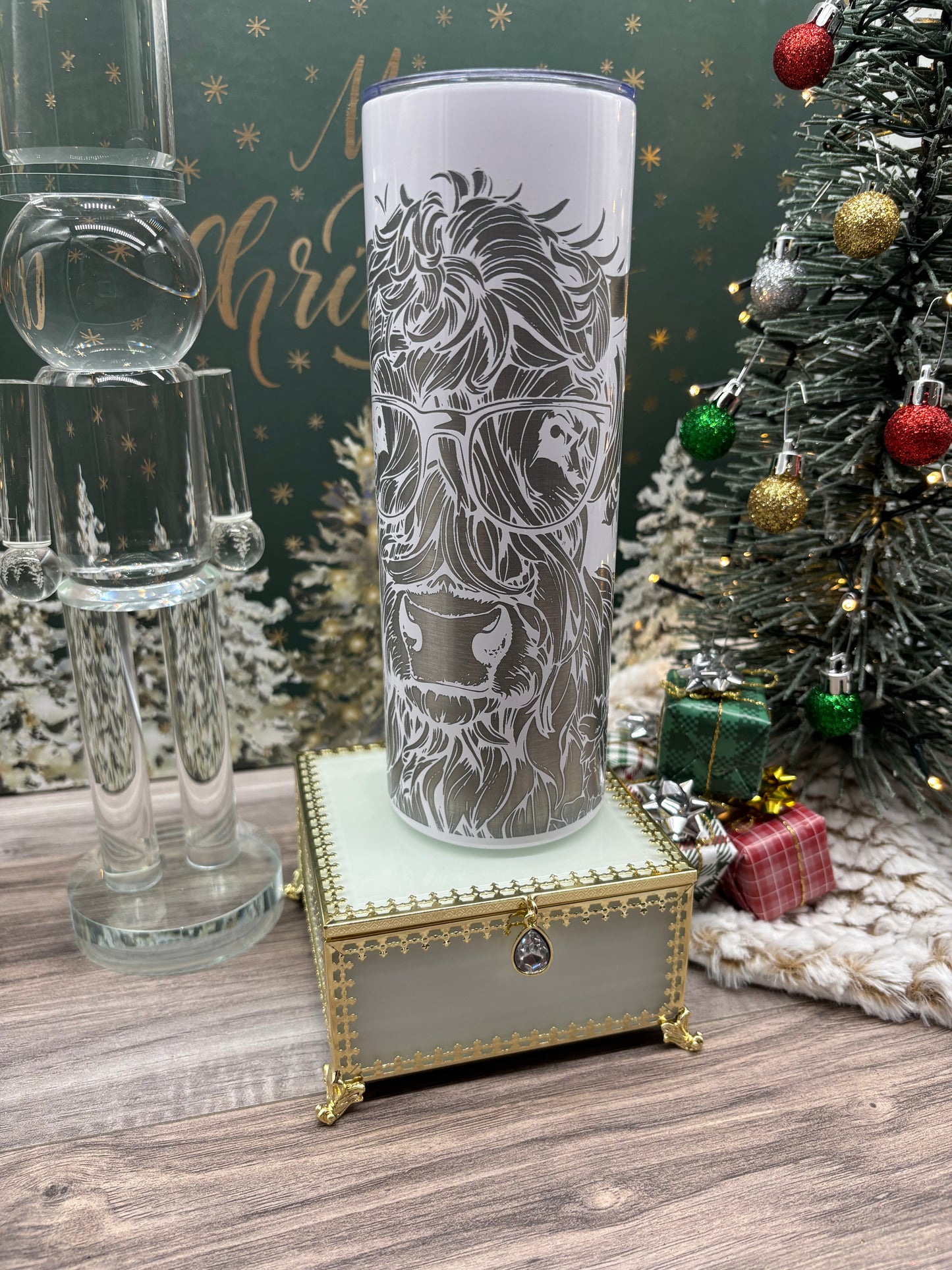 20oz Skinny Tumbler Engraved with a Highland Cow with Glasses