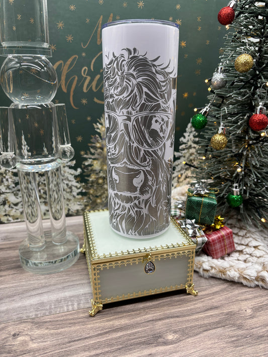 20oz Skinny Tumbler Engraved with a Highland Cow with Glasses