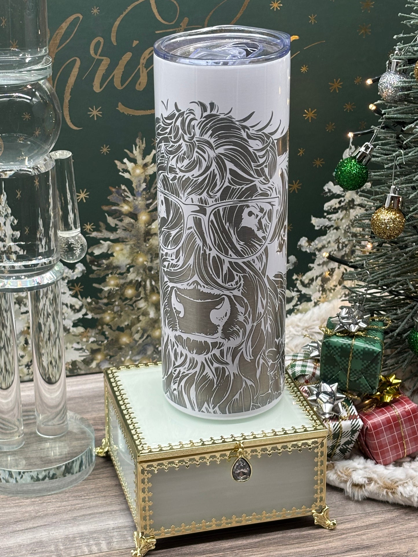 20oz Skinny Tumbler Engraved with a Highland Cow with Glasses