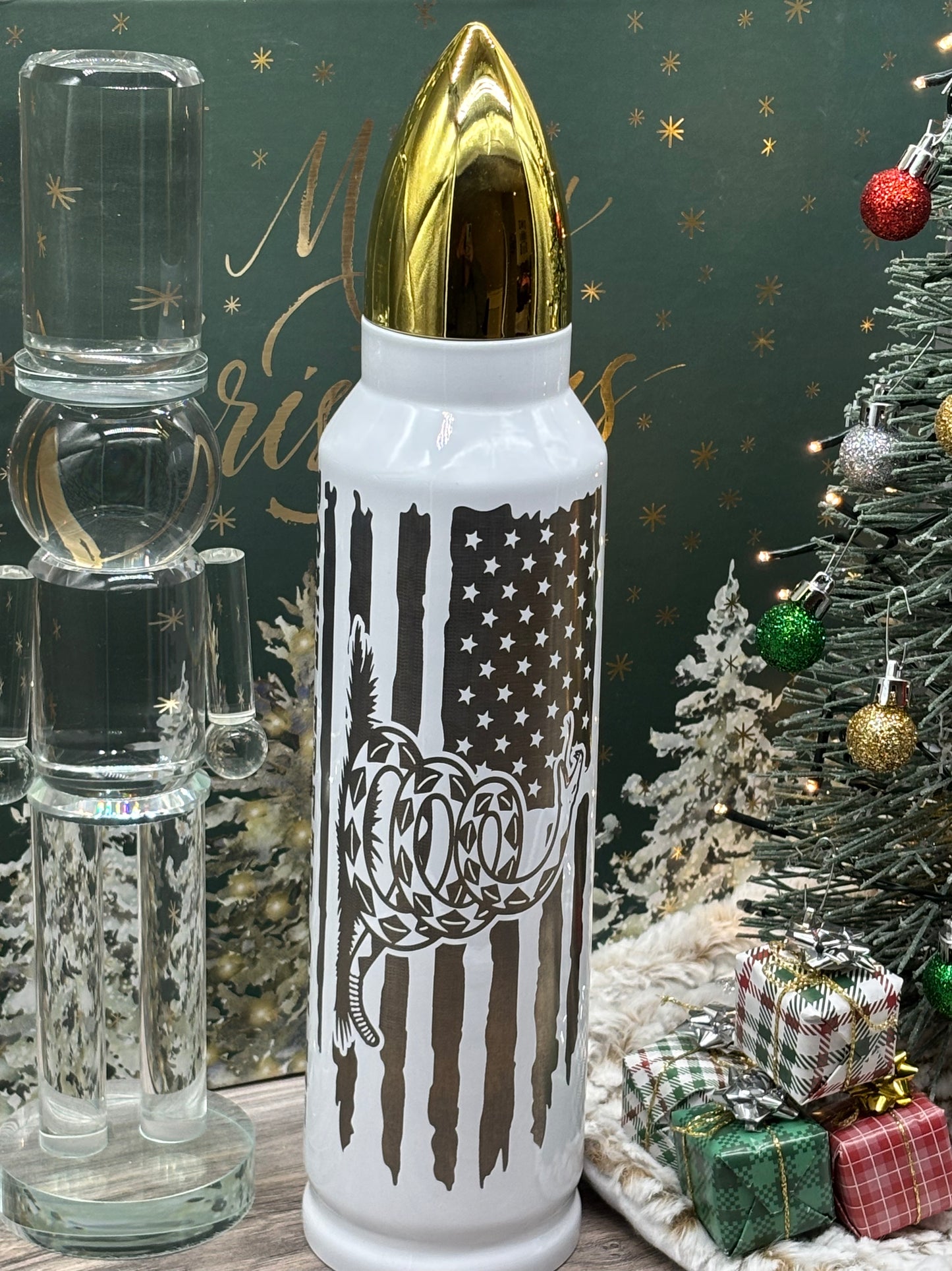 32oz Bullet Shaped Tumbler Rattlesnake with Flag "Don't Tread on Me"