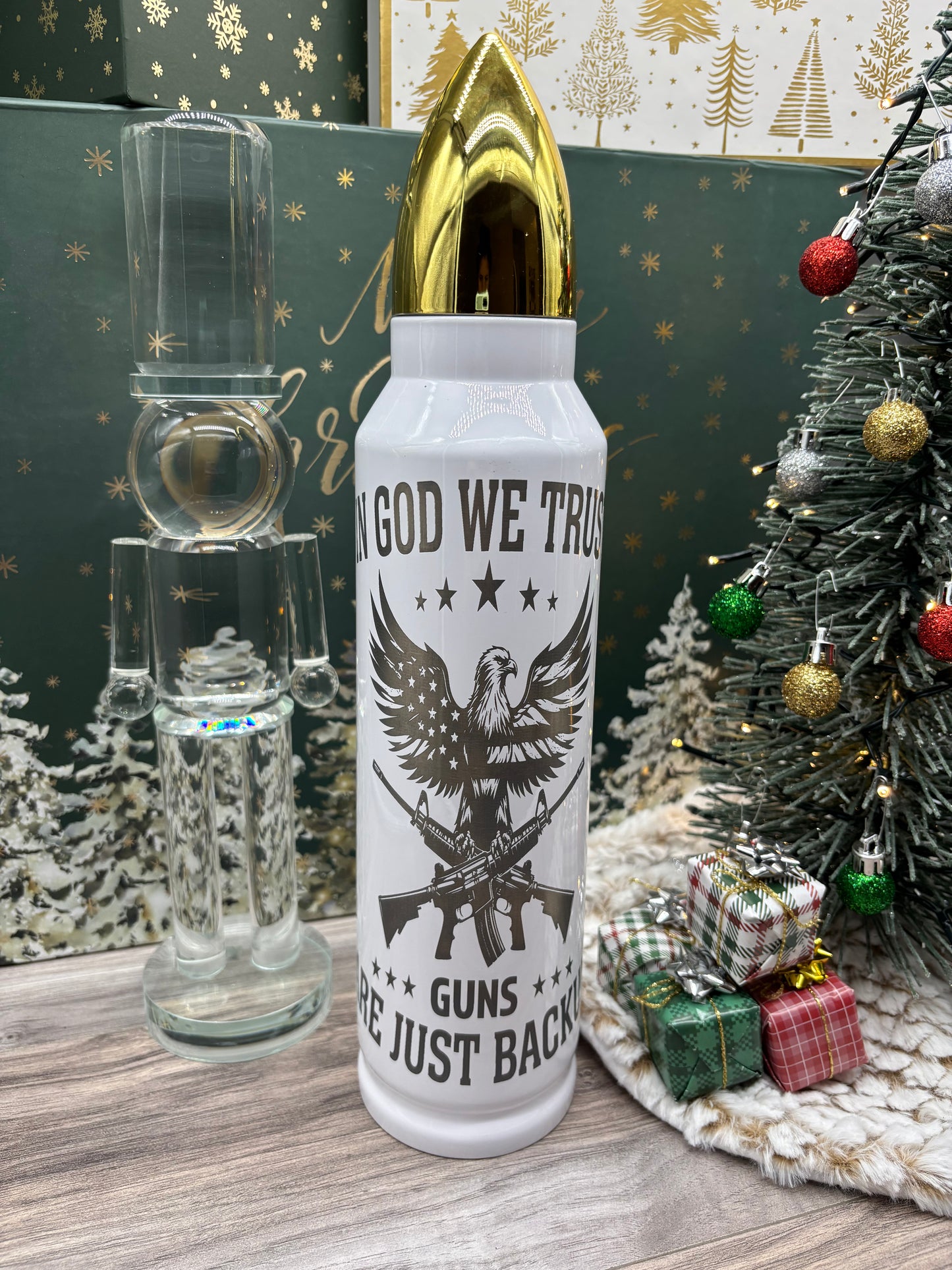 32oz Bullet Shaped Tumbler "In God We Trust, Guns Are Just Backup"