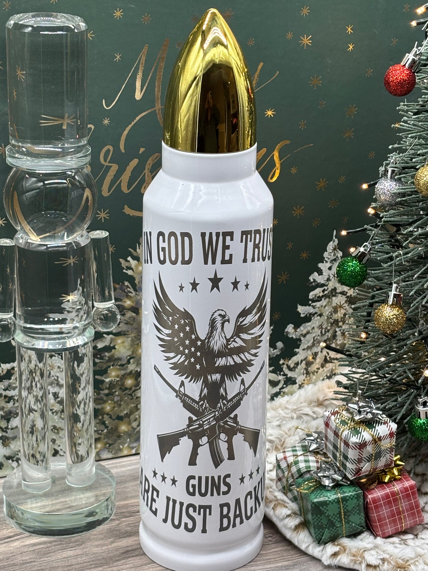 32oz Bullet Shaped Tumbler "In God We Trust, Guns Are Just Backup"
