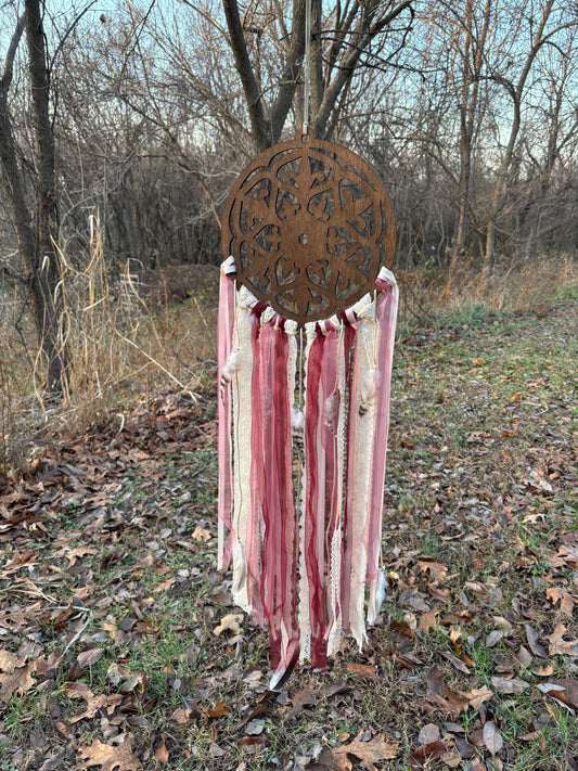 Wooden Dreamcatcher with Delicate Lace and Flowing Ribbons