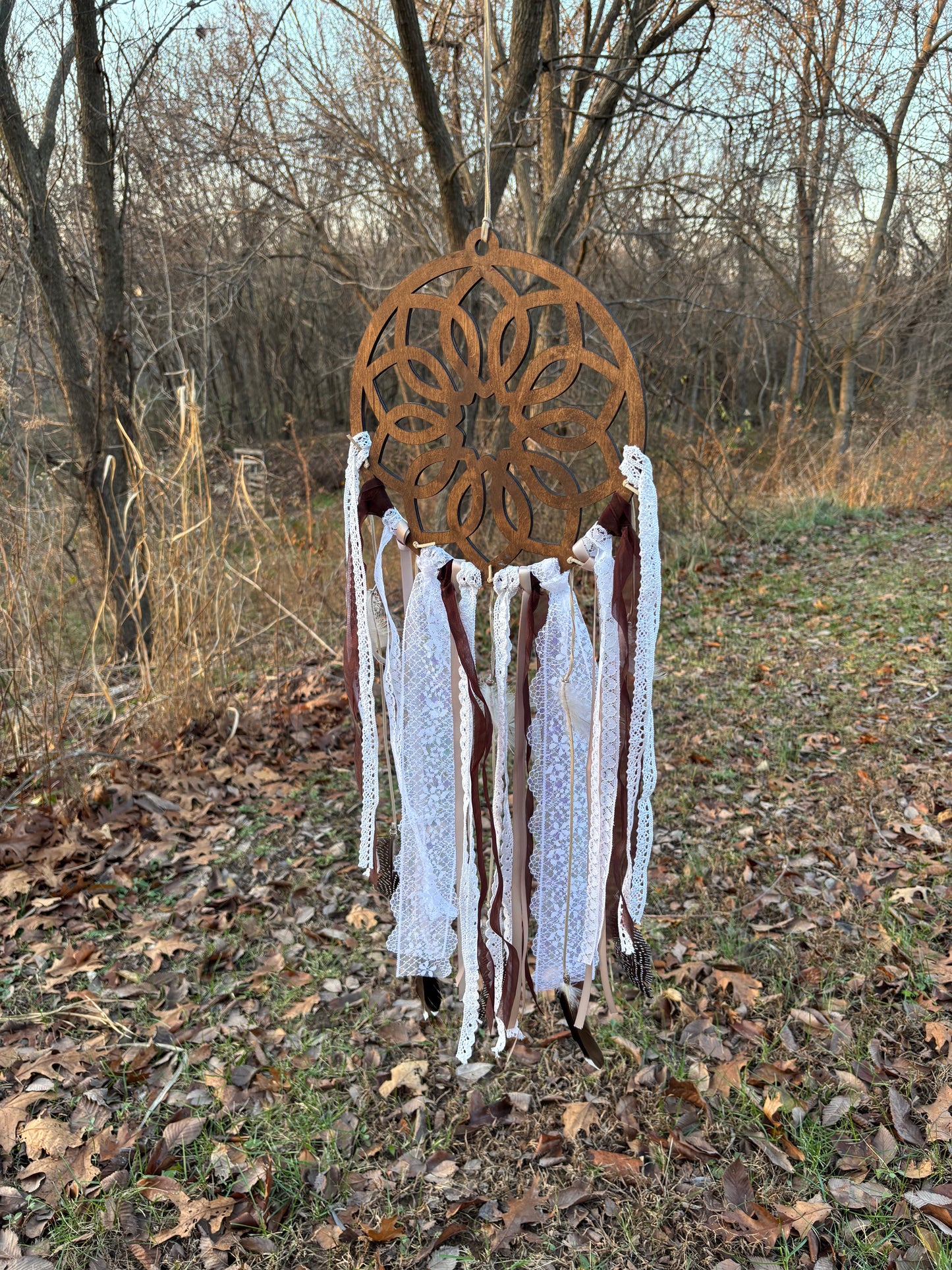 Wooden Dreamcatcher with Delicate Lace and Flowing Ribbons
