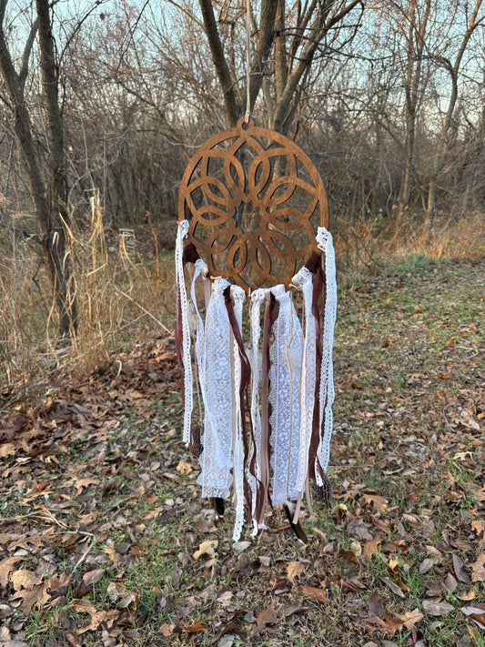 Wooden Dreamcatcher with Delicate Lace and Flowing Ribbons