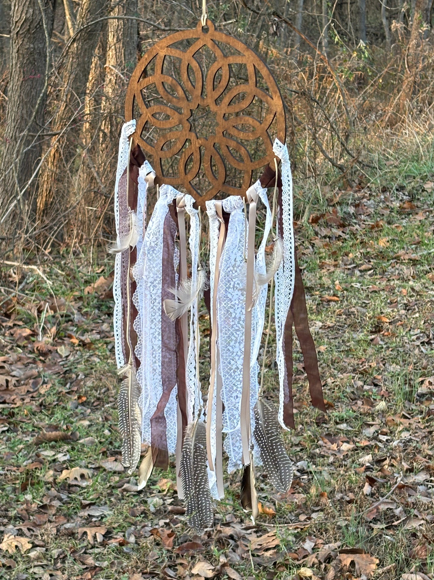Wooden Dreamcatcher with Delicate Lace and Flowing Ribbons
