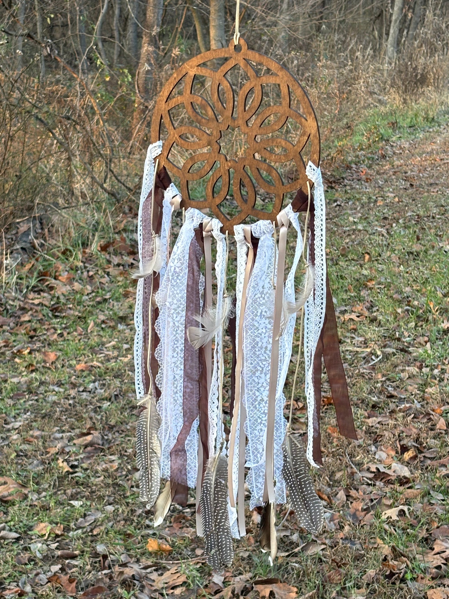 Wooden Dreamcatcher with Delicate Lace and Flowing Ribbons