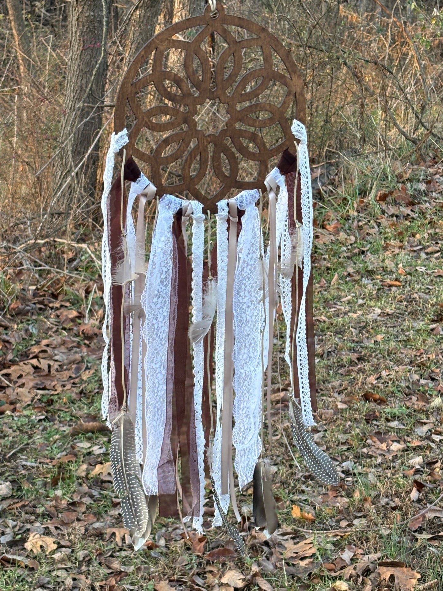 Wooden Dreamcatcher with Delicate Lace and Flowing Ribbons