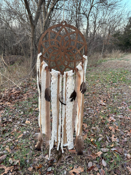 Wooden Dreamcatcher with Delicate Lace and Flowing Ribbons