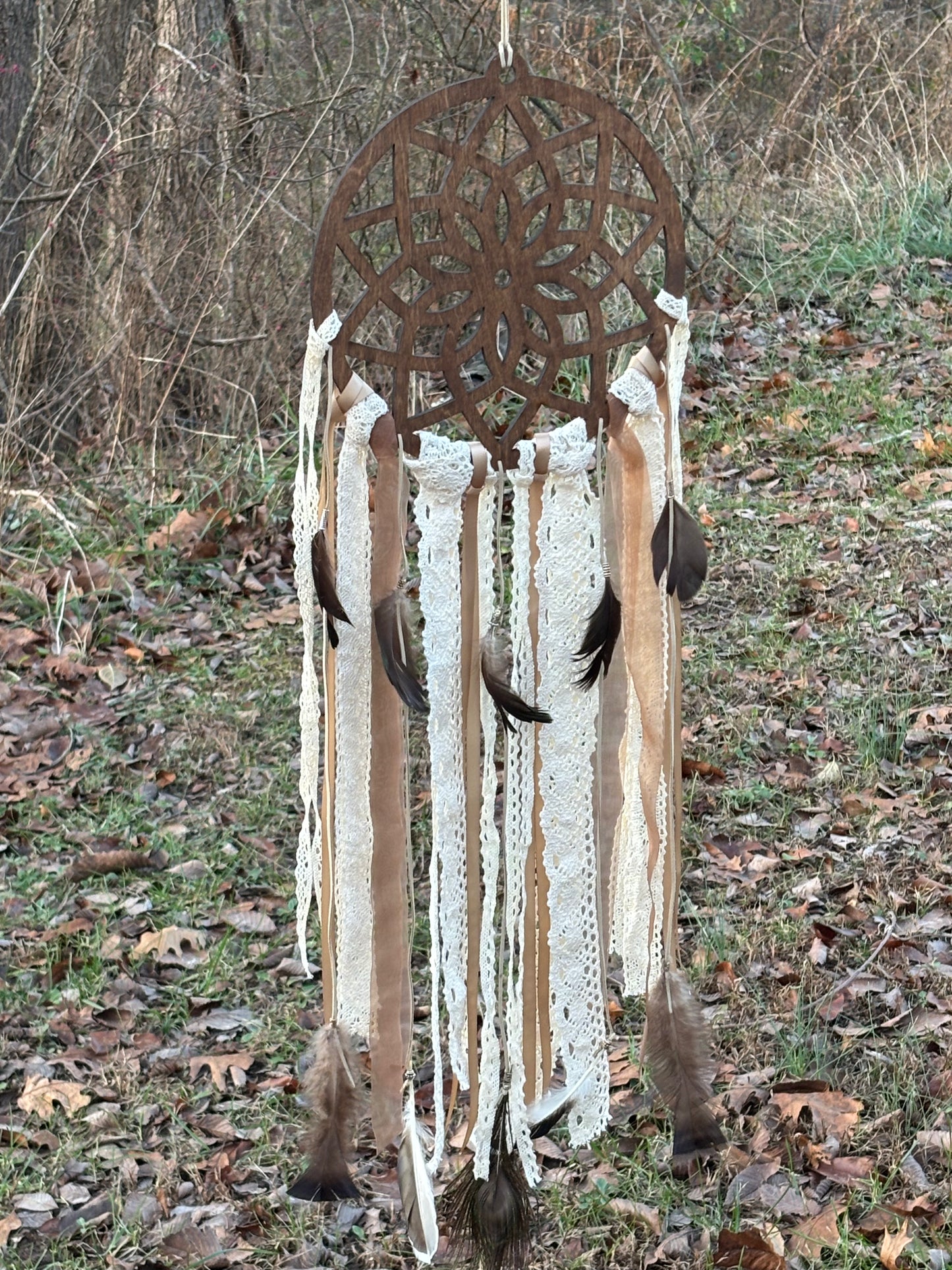 Wooden Dreamcatcher with Delicate Lace and Flowing Ribbons