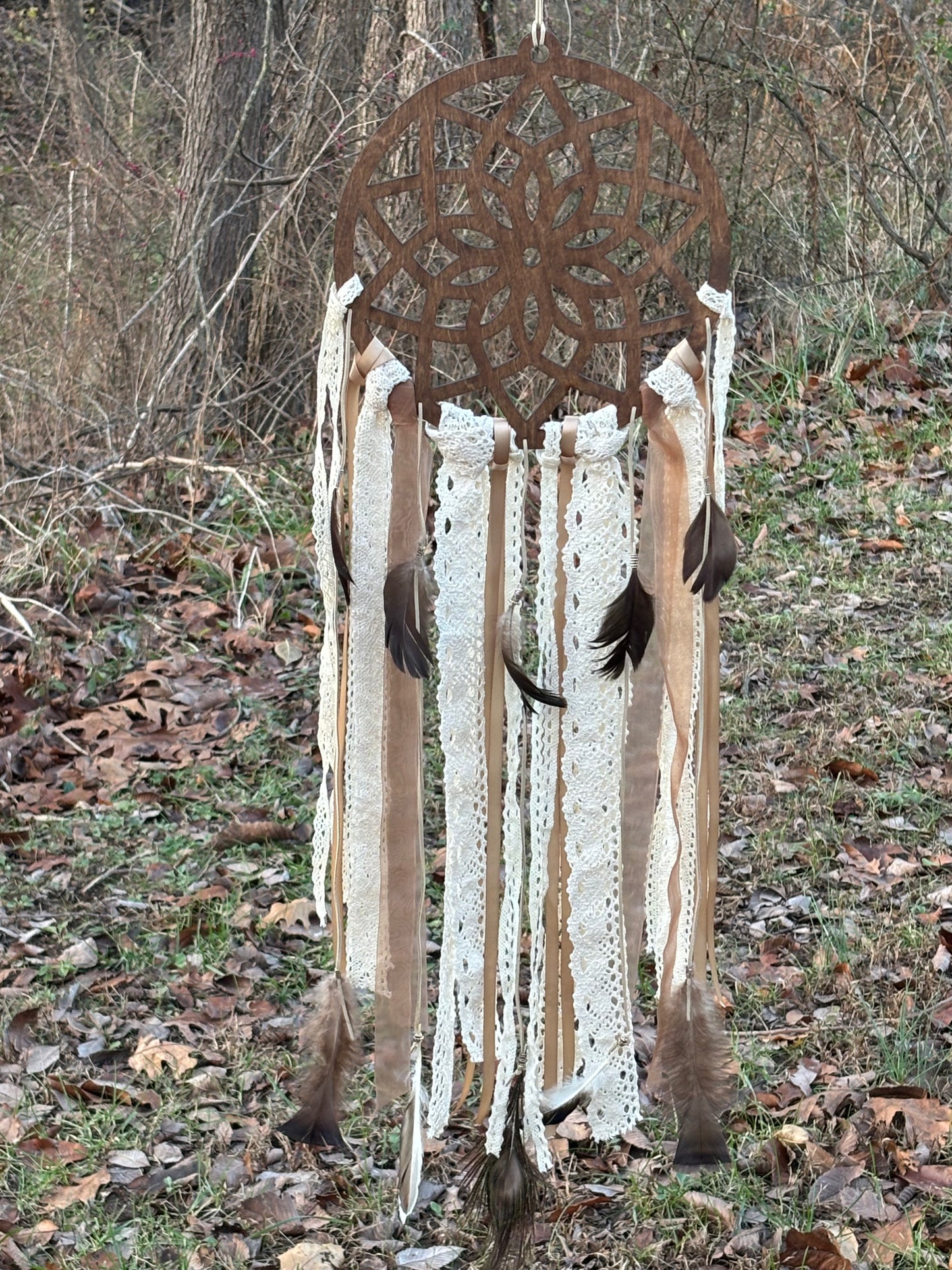 Wooden Dreamcatcher with Delicate Lace and Flowing Ribbons