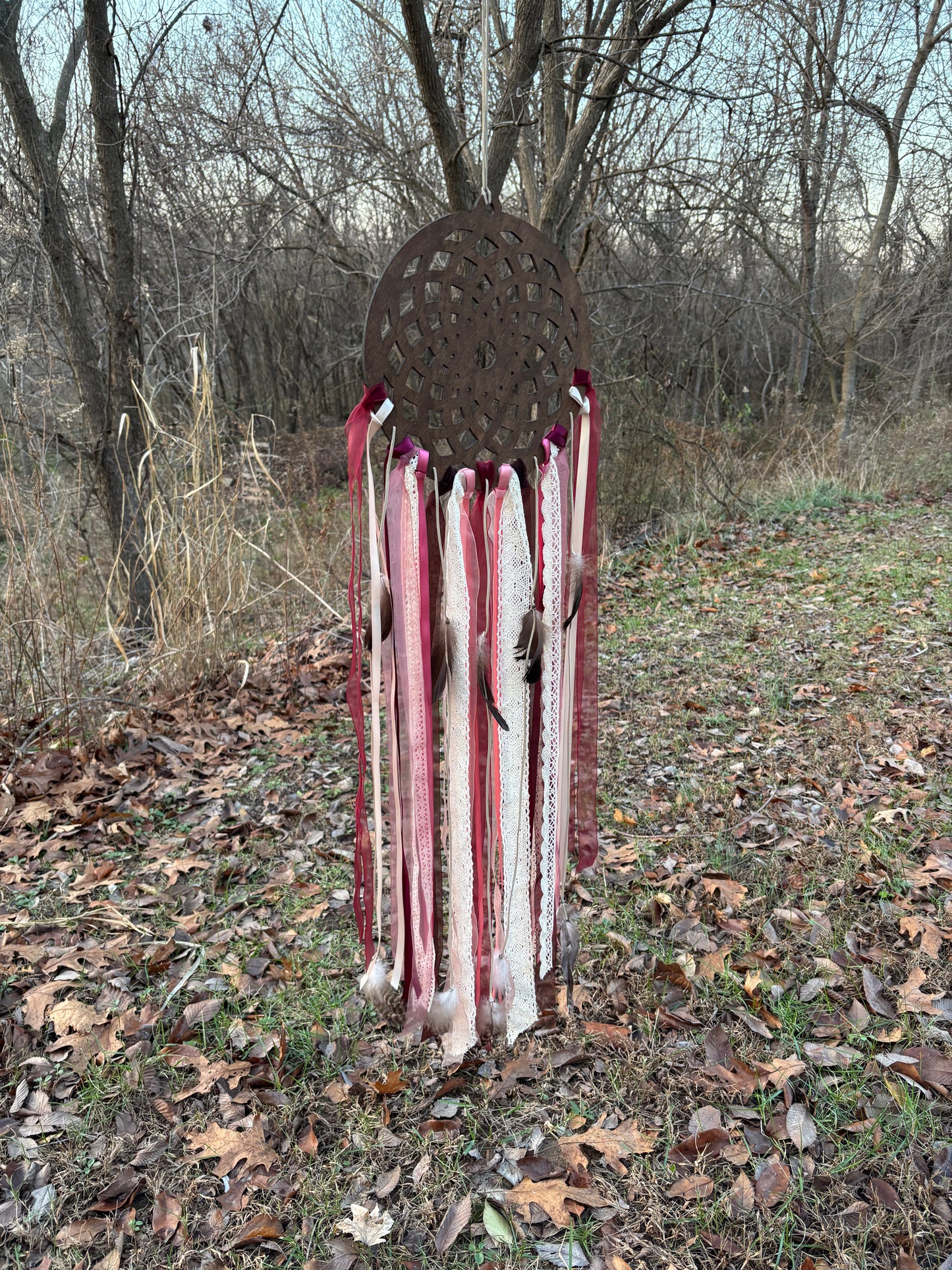 Wooden Dreamcatcher with Delicate Lace and Flowing Ribbons